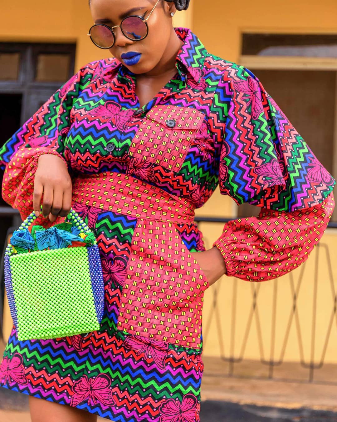 Mixed Prints Shift Dress with Exaggerated Sleeves and Belt 2